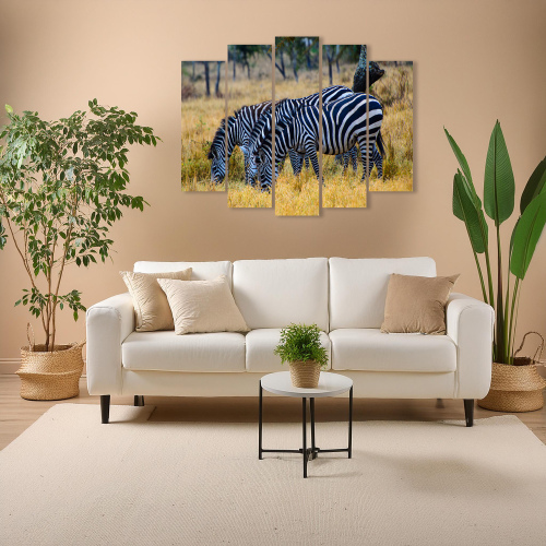 5 Panel Wall Art with Plains Zebras Feeding Photo